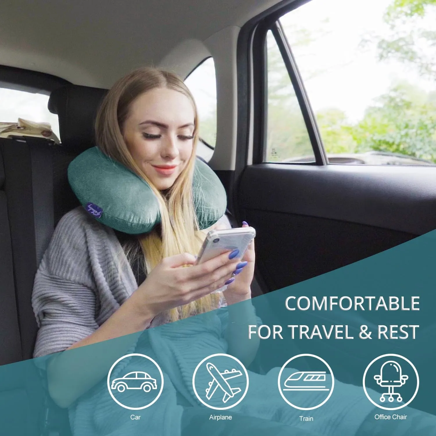 Travel Pillow Memory Foam for Airplanes - Neck Pillow for Traveling, Car, Home, Flight Pillow for Sleeping with Attachable Snap Strap Soft Washable Cover, Provide Head Neck Support Rest, Gray Blue