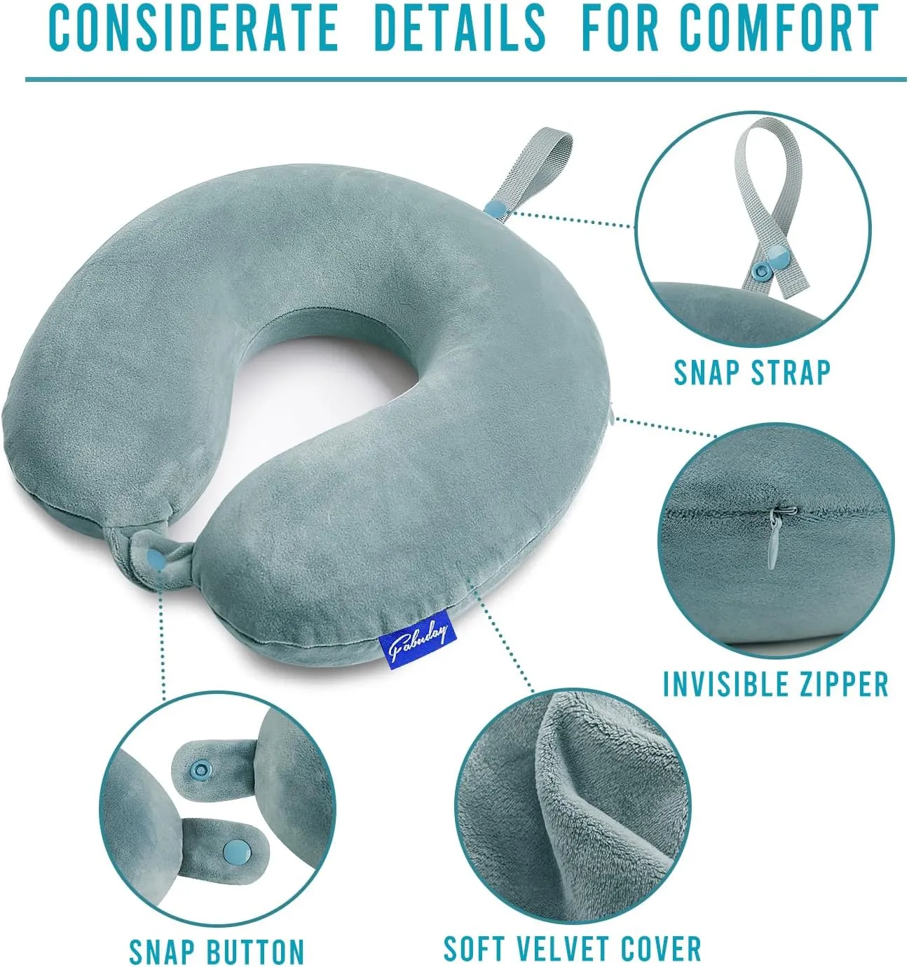 Travel Pillow Memory Foam for Airplanes - Neck Pillow for Traveling, Car, Home, Flight Pillow for Sleeping with Attachable Snap Strap Soft Washable Cover, Provide Head Neck Support Rest, Gray Blue