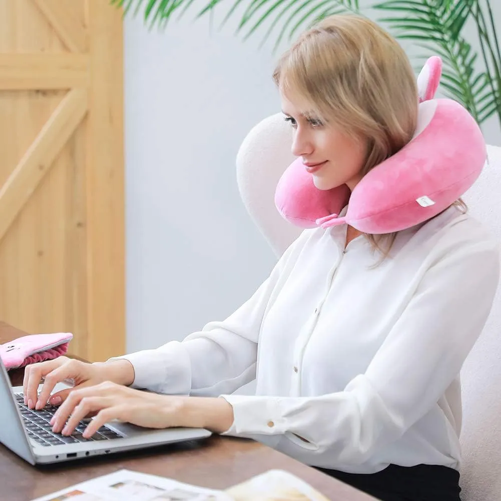 Travel Pillow, Memory Foam Neck Pillow with 360-Degree Head Support Comfortable Airplane Pillow with Storage Bag Lightweight Traveling Pillow for Sleeping, Car, Train, Bus and Home Use (Bunny)