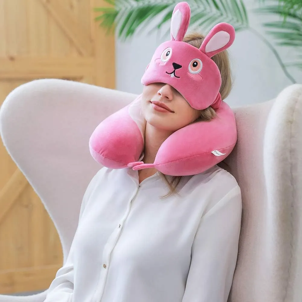 Travel Pillow, Memory Foam Neck Pillow with 360-Degree Head Support Comfortable Airplane Pillow with Storage Bag Lightweight Traveling Pillow for Sleeping, Car, Train, Bus and Home Use (Bunny)