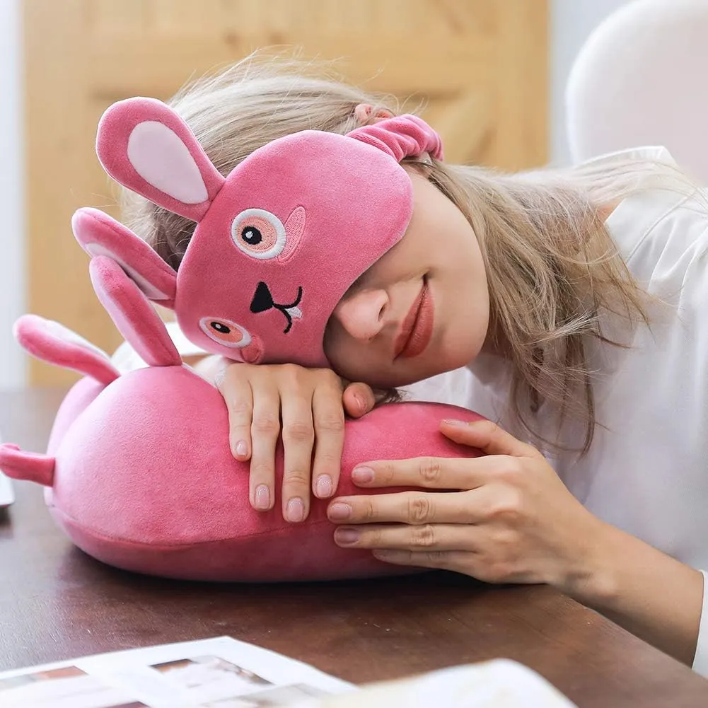 Travel Pillow, Memory Foam Neck Pillow with 360-Degree Head Support Comfortable Airplane Pillow with Storage Bag Lightweight Traveling Pillow for Sleeping, Car, Train, Bus and Home Use (Bunny)