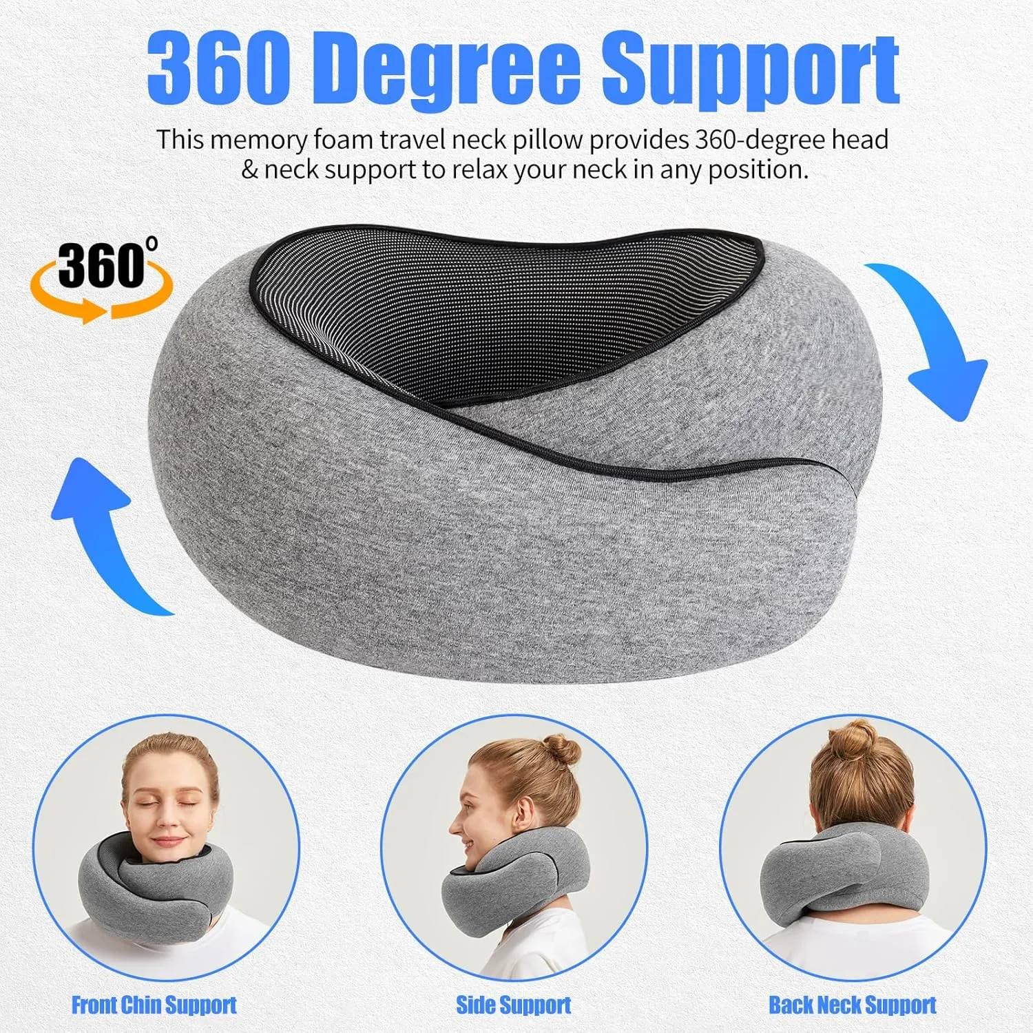 Travel Pillow Travel Neck Pillow, Memory Foam Neck Pillow Airplane, 360 Degree Support Travel Neck Pillows for Airplanes Offices and Cars, Soft Stowable Airplane Pillow for Traveling