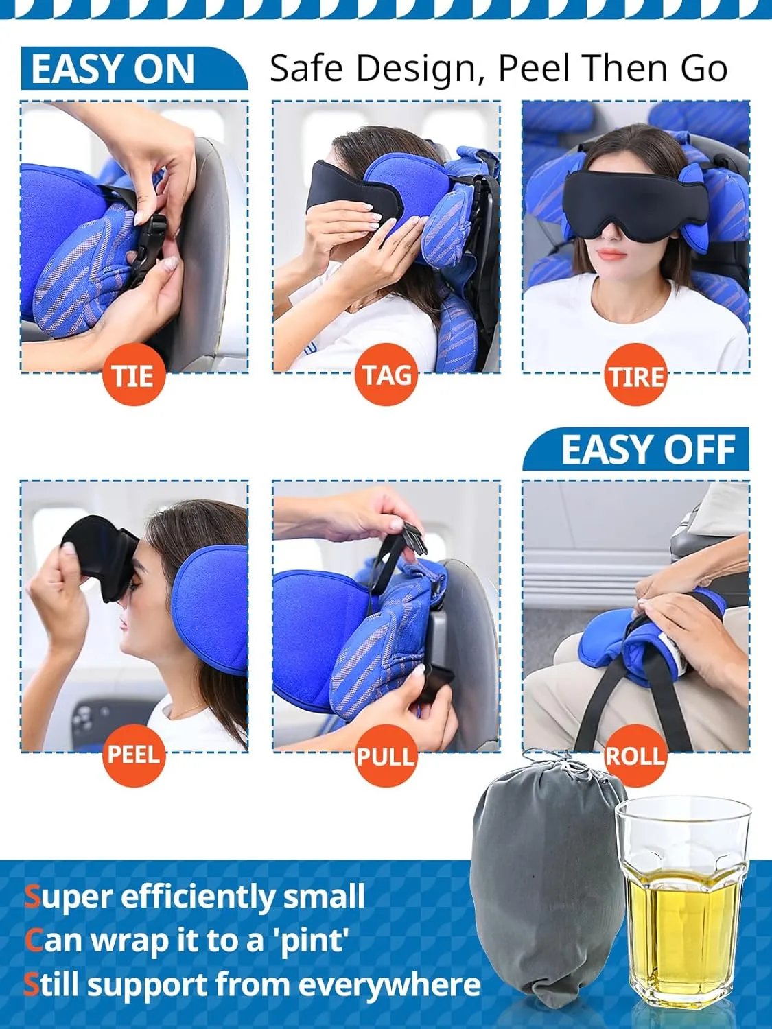 Travel Pillows for Airplanes, Airplane Pillow for Long Flight, Airplane Head Strap with Eye Mask for Sleep, Travel Neck Pillow for Car Road Trip, 360° Support Headrest, Stop Bobblehead, Black