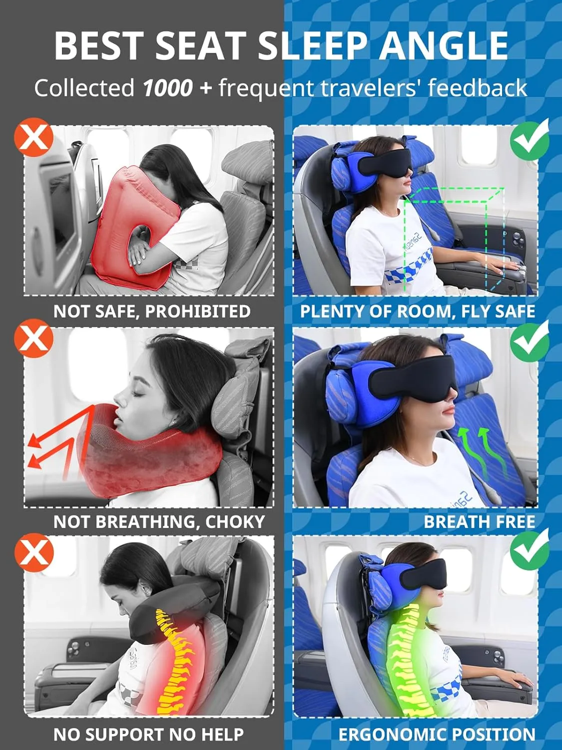 Travel Pillows for Airplanes, Airplane Pillow for Long Flight, Airplane Head Strap with Eye Mask for Sleep, Travel Neck Pillow for Car Road Trip, 360° Support Headrest, Stop Bobblehead, Black
