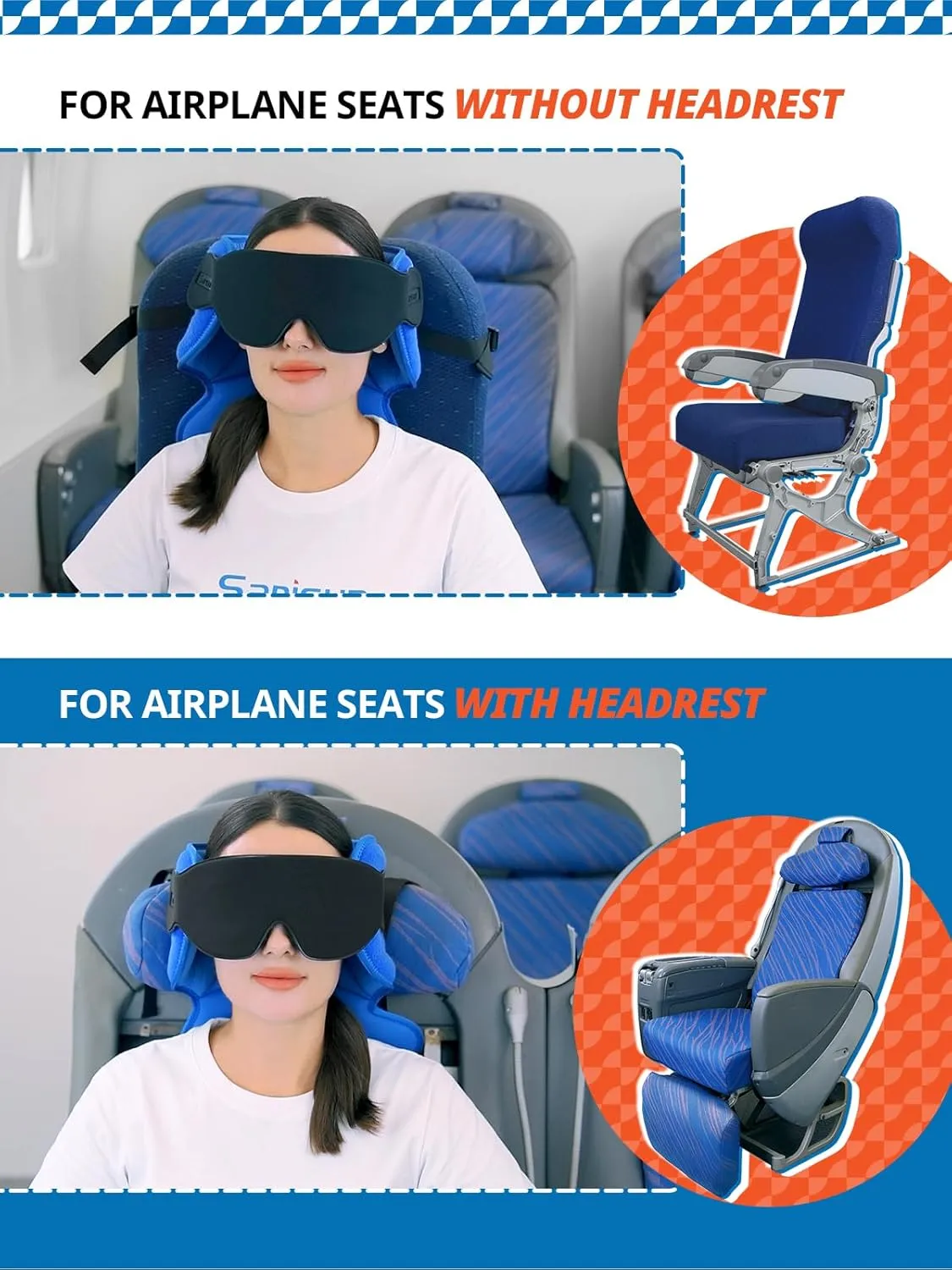 Travel Pillows for Airplanes, Airplane Pillow with Eye Mask for Sleeping, 360° Neck Support Pillow, Portable Airplane Travel Essentials, Adjustable Airplane Head Strap for Most Seat, Black