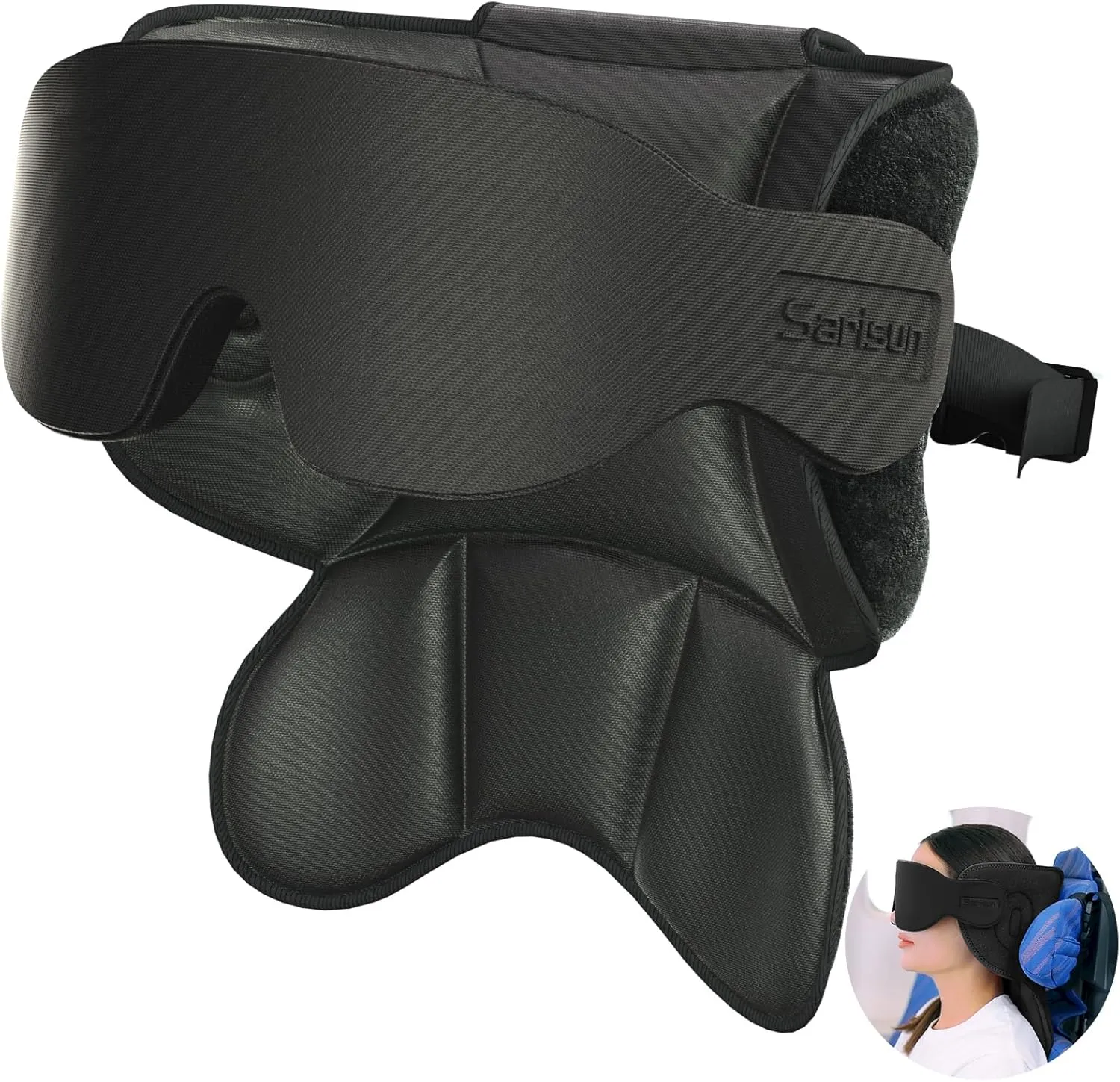 Travel Pillows for Airplanes, Airplane Pillow with Eye Mask for Sleeping, 360° Neck Support Pillow, Portable Airplane Travel Essentials, Adjustable Airplane Head Strap for Most Seat, Black