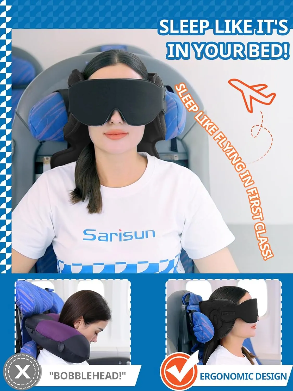 Travel Pillows for Airplanes, Airplane Pillow with Eye Mask for Sleeping, 360° Neck Support Pillow, Portable Airplane Travel Essentials, Adjustable Airplane Head Strap for Most Seat, Black