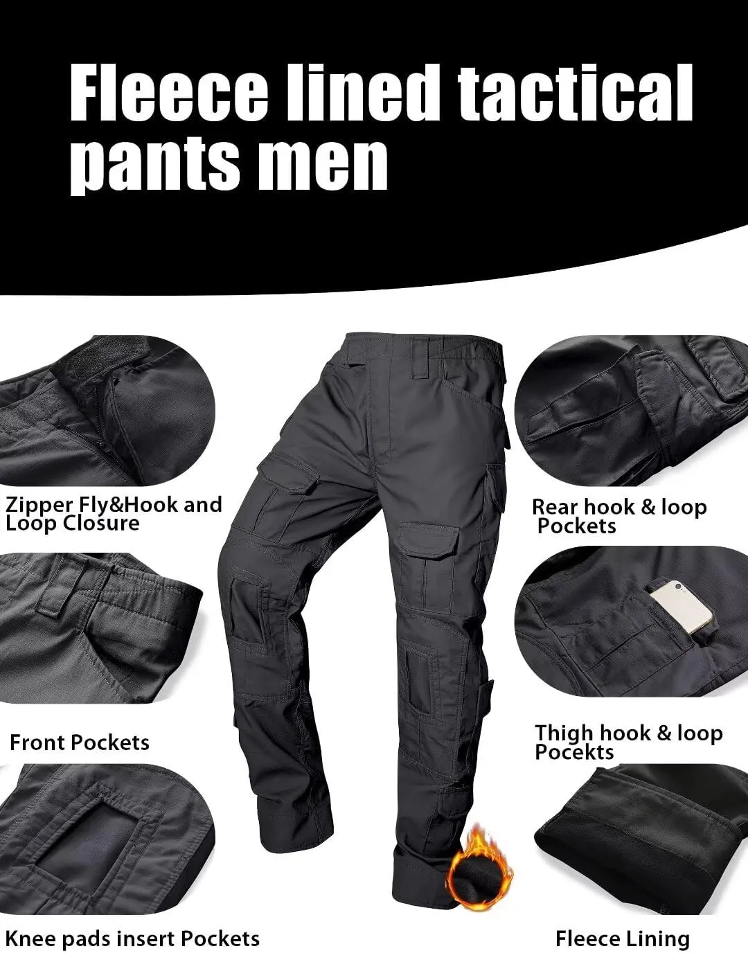TRGPSG Men's Fleece Lined Hiking Pants, Winter Cargo Pants, Snow Ski Pants Tactical Outdoor Trousers with Multi-Pocket.