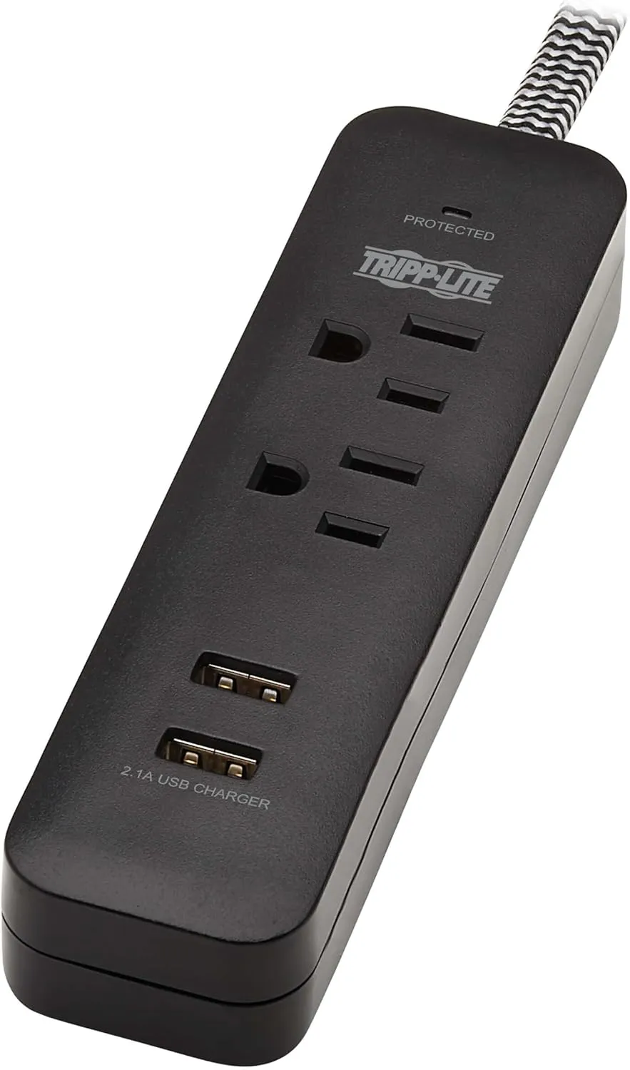 Tripp Lite Surge Protector Power Strip 2-Outlet w 2 USB Ports 2.1A 6ft Cord, 5-15P Plug, 450 Joules, Black (TLP206USB)