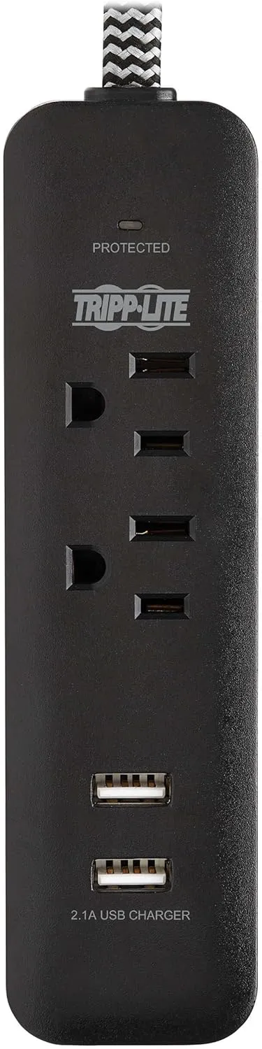 Tripp Lite Surge Protector Power Strip 2-Outlet w 2 USB Ports 2.1A 6ft Cord, 5-15P Plug, 450 Joules, Black (TLP206USB)