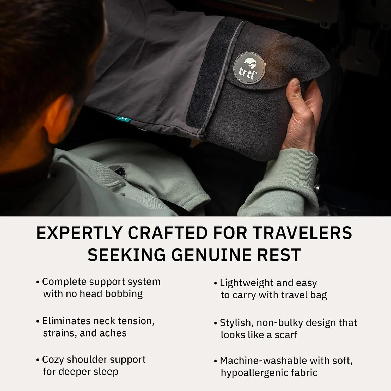 trtl Travel and Airplane Pillow - Real Sleeping Experience on Long Flights - Neck and Shoulder Support - Super-Soft, Lightweight, Easy-to-Carry, and Machine-Washable Flight Pillow - Black