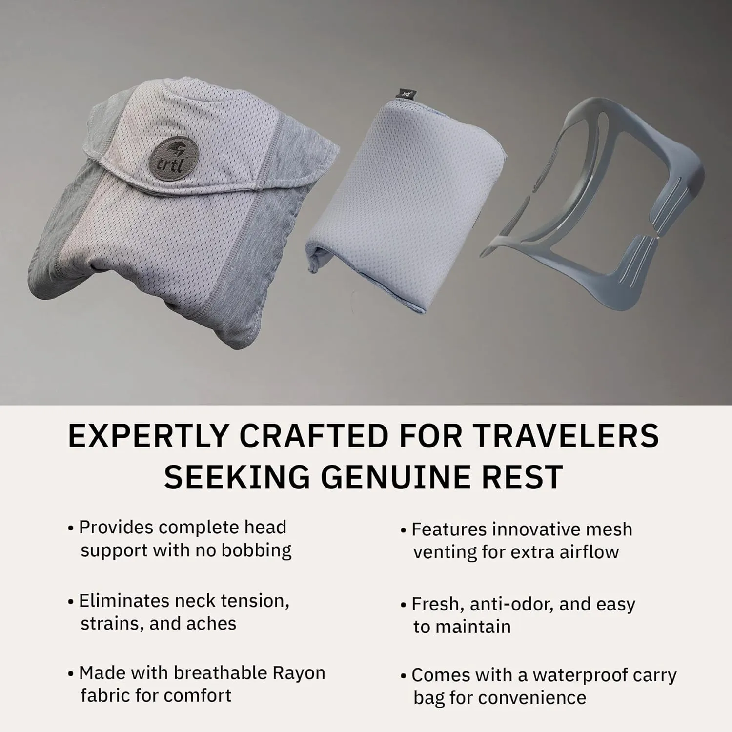 trtl Travel Pillow Cool for Neck Support - Cooling Travel Pillows for Airplanes - with Breathable Fabric - Lightweight and Easy to Carry - Oyster Grey