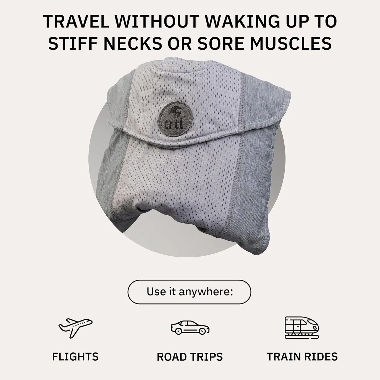 trtl Travel Pillow Cool for Neck Support - Cooling Travel Pillows for Airplanes - with Breathable Fabric - Lightweight and Easy to Carry - Oyster Grey