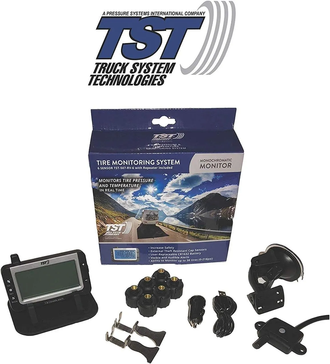 TST 507 6 Sensor Tire Monitoring System with Monochrome Display - Handles Multiple Trailers
