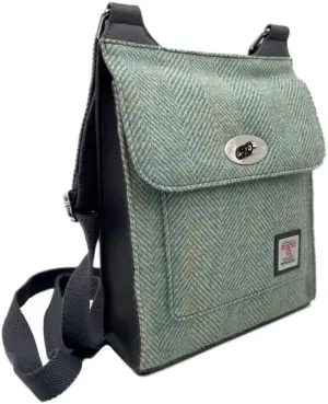 Turquoise Herringbone Harris Tweed Cross Body Satchel Handbag Purse, Green, Medium