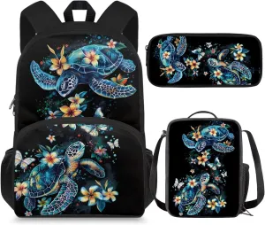 Turtle Preschool Backpack for Girls with Lunch Box Cute Bookbag School Bag Set for Kids Floral Kindergarten Backpack Children Book Bag 15.7 inch Travel Daypack Back Pack
