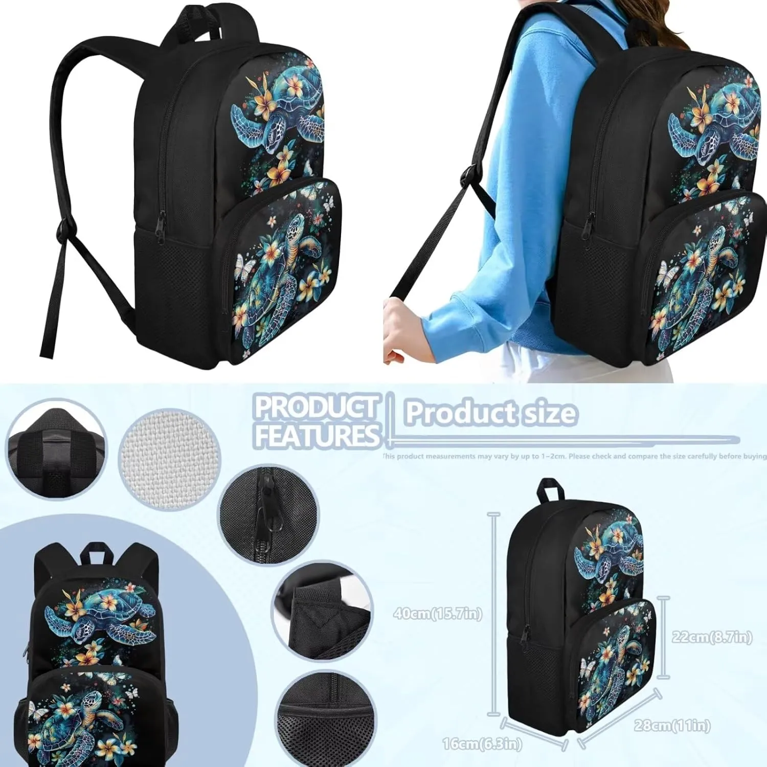 Turtle Preschool Backpack for Girls with Lunch Box Cute Bookbag School Bag Set for Kids Floral Kindergarten Backpack Children Book Bag 15.7 inch Travel Daypack Back Pack