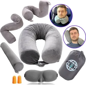 Twist Memory Foam Travel Pillow - Comfortable & Adjustable Travel Neck Pillow Airplane with Soft Washable Velvet Cover, Eye Mask & Earplugs - Long Flight Essentials for 360° Neck Support, Chin, Lumbar