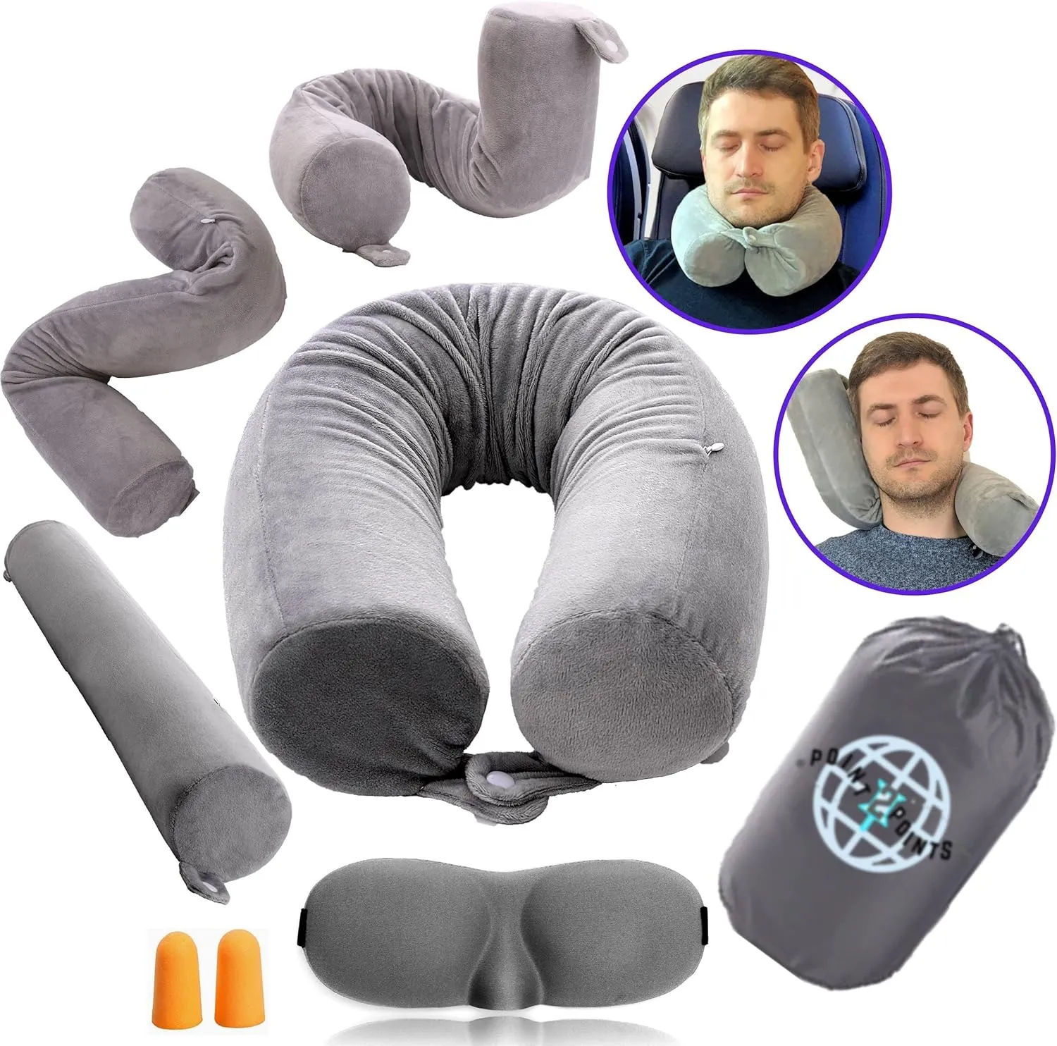 Twist Memory Foam Travel Pillow - Comfortable & Adjustable Travel Neck Pillow Airplane with Soft Washable Velvet Cover, Eye Mask & Earplugs - Long Flight Essentials for 360° Neck Support, Chin, Lumbar