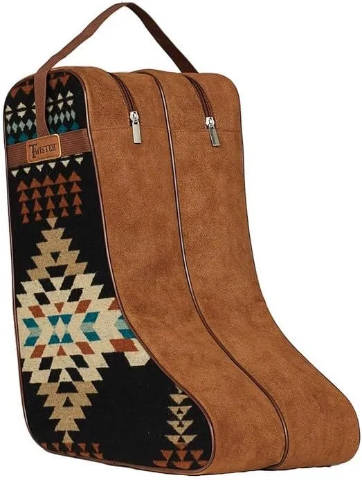 Twister Boot Bag, Chocolate Brown with Southwestern Arrow Fabric, Microsuede, Nylon Handles