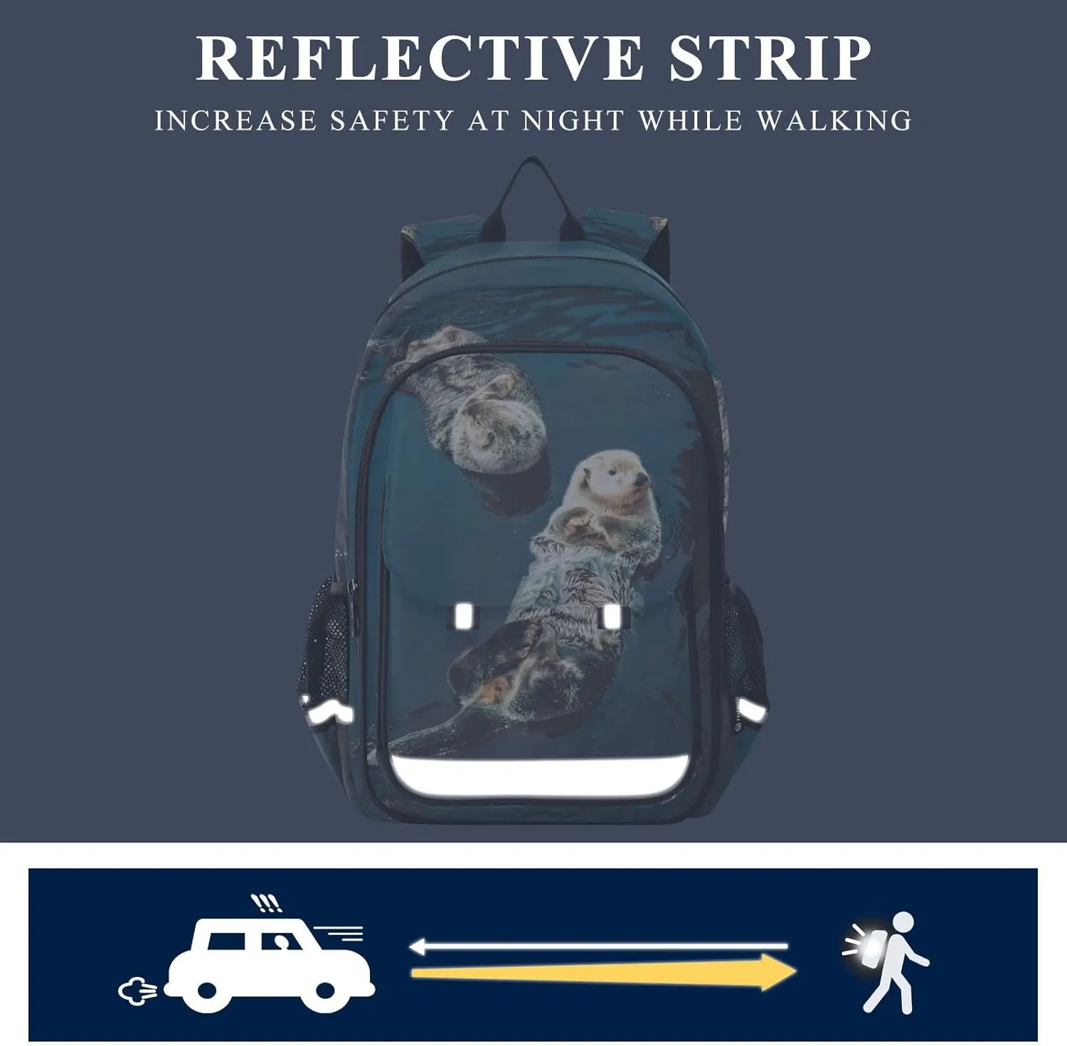 Two Sea Otter Backpack School Bag Lightweight Laptop Backpack Student Travel Daypack with Reflective Stripes