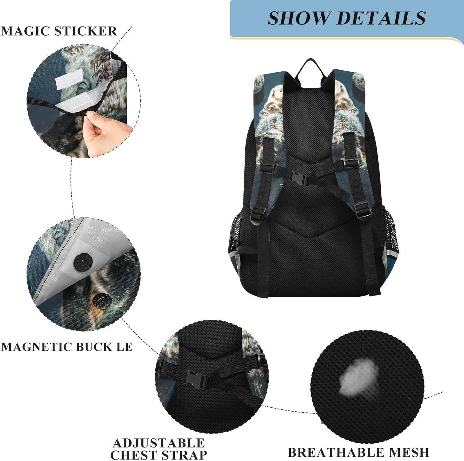Two Sea Otter Backpack School Bag Lightweight Laptop Backpack Student Travel Daypack with Reflective Stripes