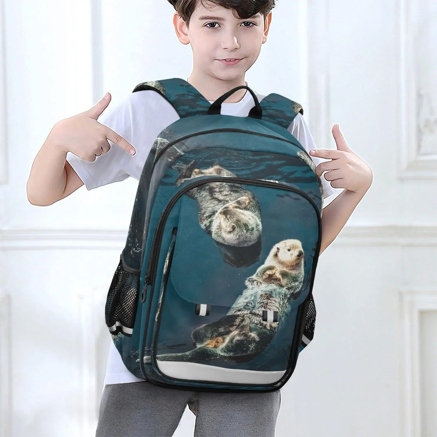 Two Sea Otter Backpack School Bag Lightweight Laptop Backpack Student Travel Daypack with Reflective Stripes