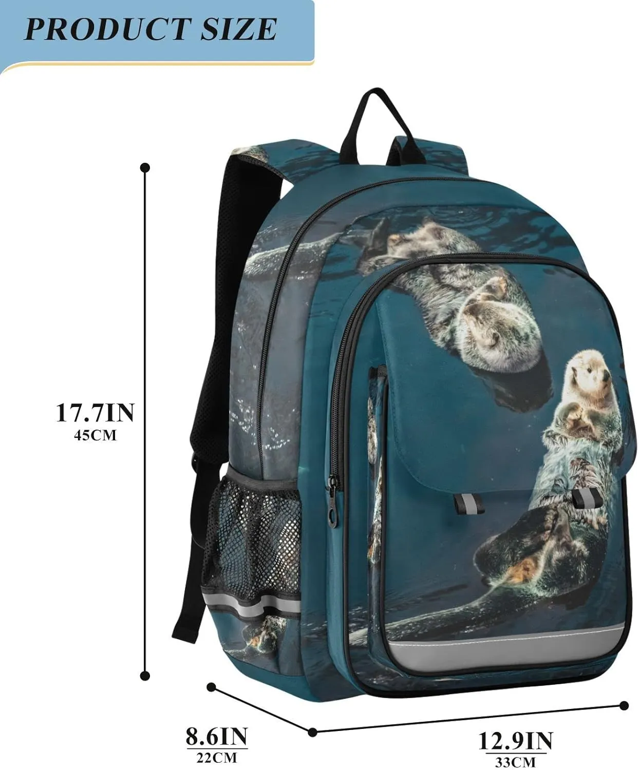 Two Sea Otter Backpack School Bag Lightweight Laptop Backpack Student Travel Daypack with Reflective Stripes