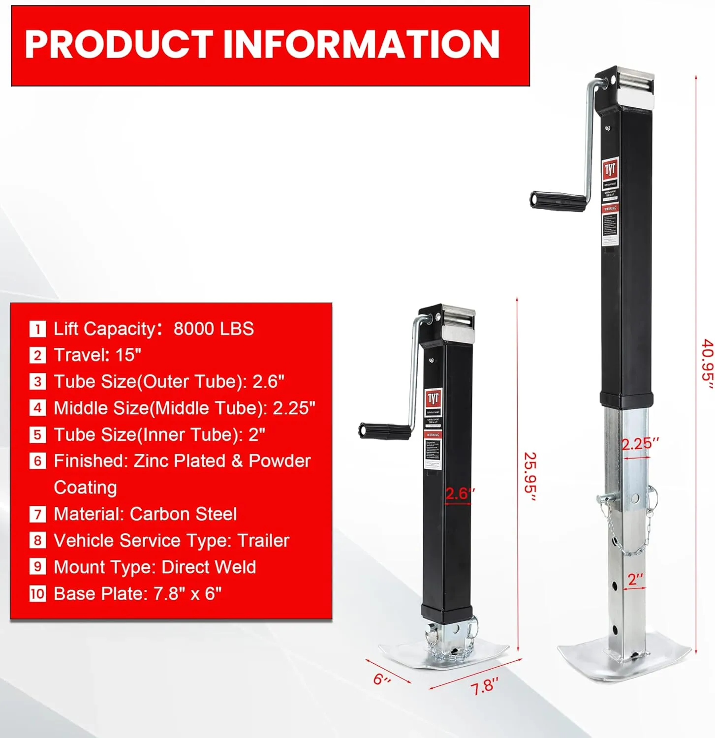TYT 8000lbs Square Direct Weld Heavy Duty Trailer Jack, 15 Inches Lift Side Wind Square Jack, with 13 Inches Adjustable Drop Leg for Camping Trailer, Boat Trailers, RV Trailers, Black