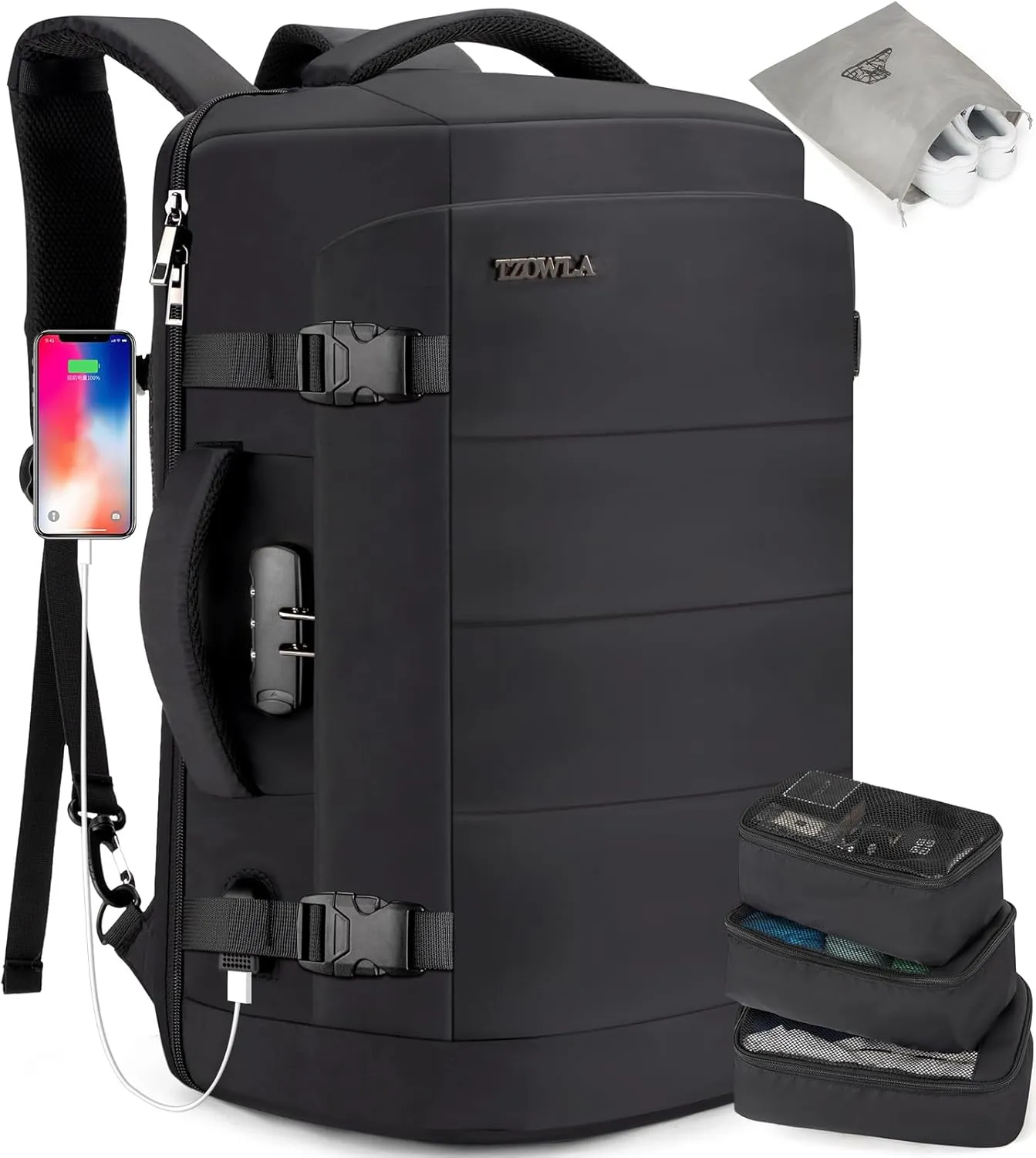Tzowla 40L Travel Laptop Backpack for Men Women Carry on Flight Approved,Large Capacity Water Resistant Anti Theft Backpacks with USB Port,Business Causal Daypack Bag Fit 17.3"Computer/Notebook（Black)