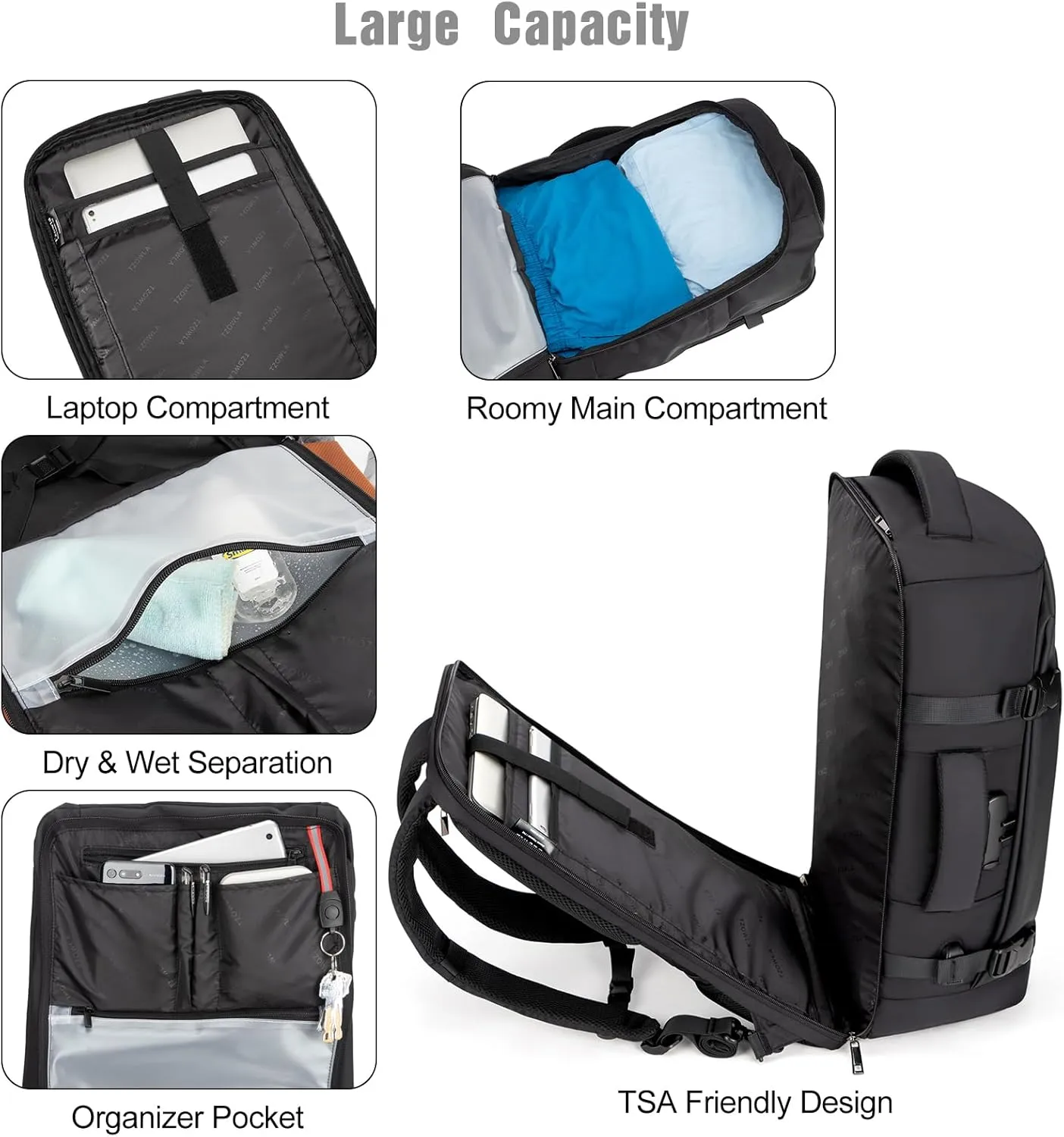Tzowla 40L Travel Laptop Backpack for Men Women Carry on Flight Approved,Large Capacity Water Resistant Anti Theft Backpacks with USB Port,Business Causal Daypack Bag Fit 17.3"Computer/Notebook（Black)