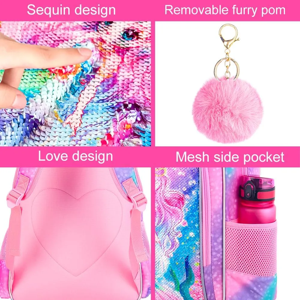 UFNDC 3PCS Backpack for Girls with Lunch Box,16”Kids Sequin Bookbag with Lunch Box, School Bag for Elementary Toddler