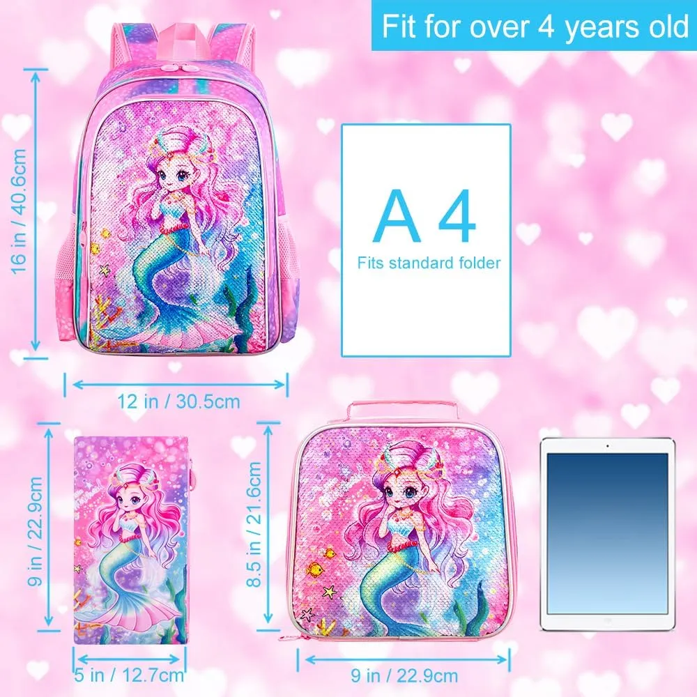 UFNDC 3PCS Backpack for Girls with Lunch Box,16”Kids Sequin Bookbag with Lunch Box, School Bag for Elementary Toddler