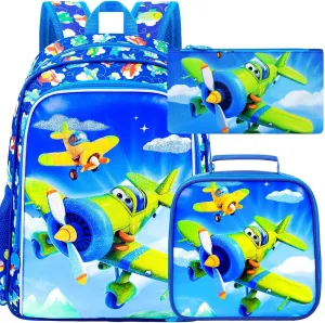 UFNDC 3PCS Boys Aircraft Backpack, Kids Bookbag with Lunch Box, Water Resistant School Bag for Elementary Preschool Toddler