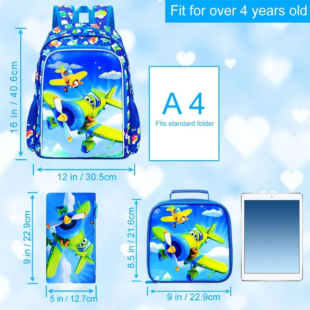 UFNDC 3PCS Boys Aircraft Backpack, Kids Bookbag with Lunch Box, Water Resistant School Bag for Elementary Preschool Toddler