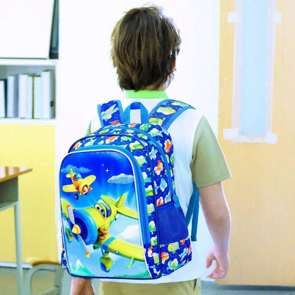 UFNDC 3PCS Boys Aircraft Backpack, Kids Bookbag with Lunch Box, Water Resistant School Bag for Elementary Preschool Toddler