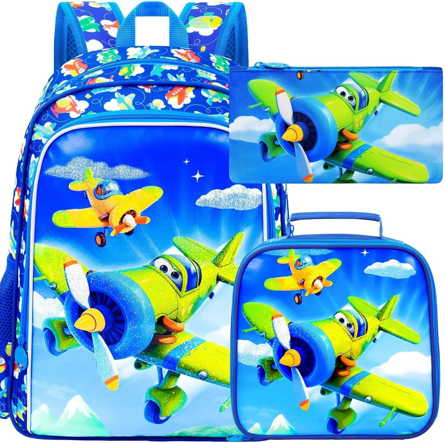 UFNDC 3PCS Boys Aircraft Backpack, Kids Bookbag with Lunch Box, Water Resistant School Bag for Elementary Preschool Toddler