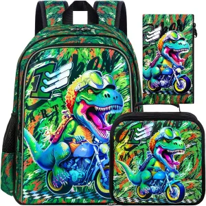 UFNDC 3PCS Boys Backpack,16”Kids Dinosaur Bookbag with Lunch Box, School Bag for Elementary Toddler
