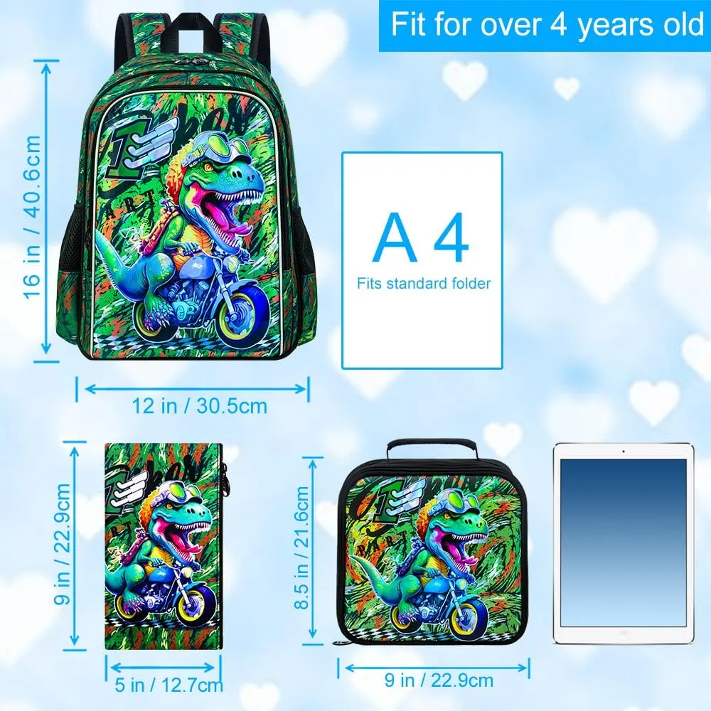 UFNDC 3PCS Boys Backpack,16”Kids Dinosaur Bookbag with Lunch Box, School Bag for Elementary Toddler