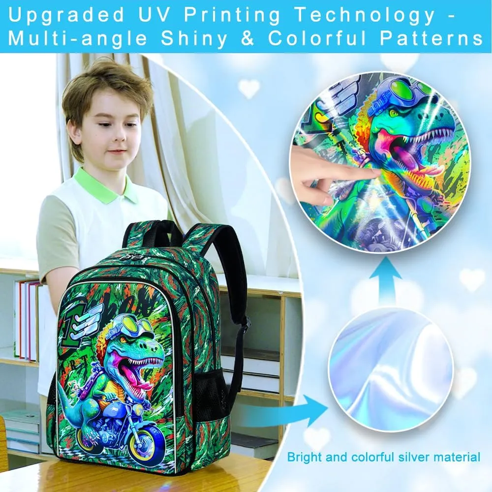 UFNDC 3PCS Boys Backpack,16”Kids Dinosaur Bookbag with Lunch Box, School Bag for Elementary Toddler
