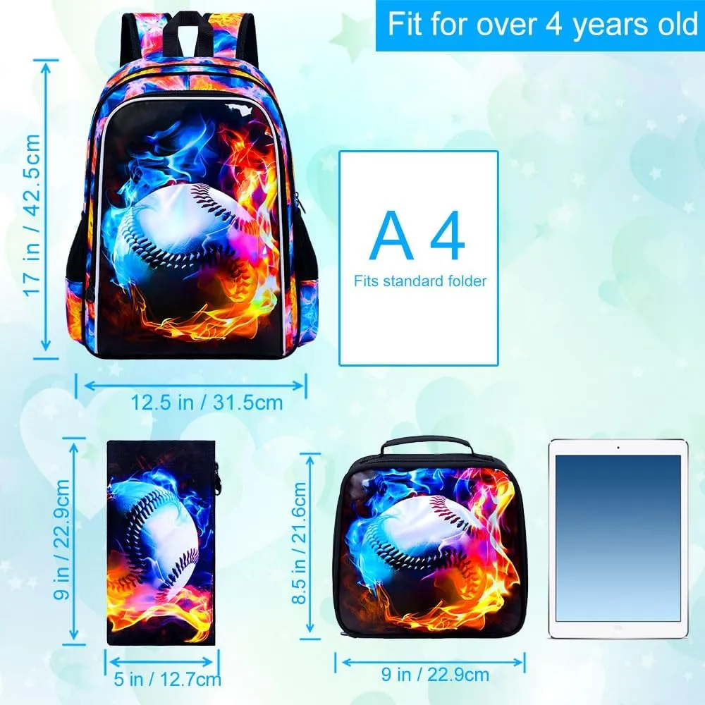 UFNDC 3PCS Boys Baseball Backpack, Kids Fire School Bag with Lunch Box, 17" Water Resistant Bookbag for Teenagers Elementary Middle