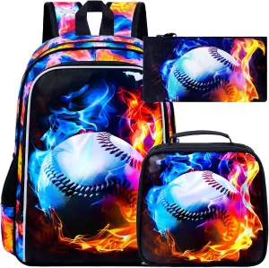 UFNDC 3PCS Boys Baseball Backpack, Kids Fire School Bag with Lunch Box, 17" Water Resistant Bookbag for Teenagers Elementary Middle