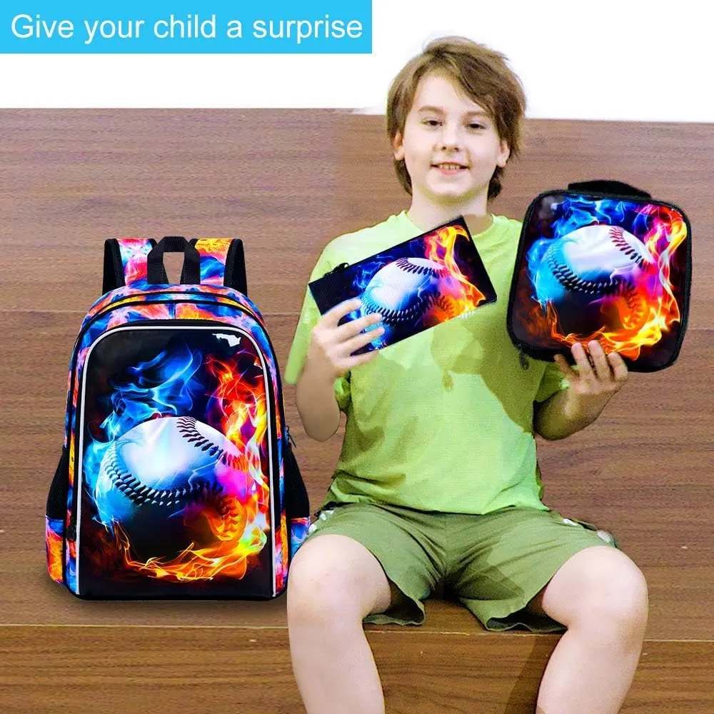 UFNDC 3PCS Boys Baseball Backpack, Kids Fire School Bag with Lunch Box, 17" Water Resistant Bookbag for Teenagers Elementary Middle