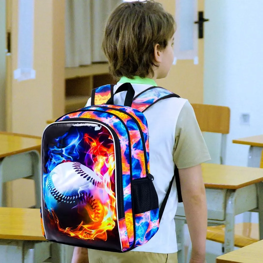 UFNDC 3PCS Boys Baseball Backpack, Kids Fire School Bag with Lunch Box, 17" Water Resistant Bookbag for Teenagers Elementary Middle