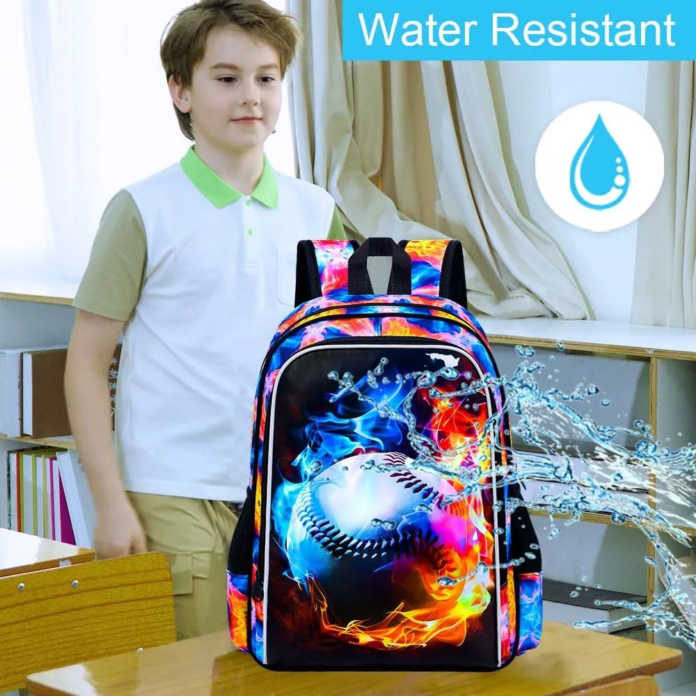 UFNDC 3PCS Boys Baseball Backpack, Kids Fire School Bag with Lunch Box, 17" Water Resistant Bookbag for Teenagers Elementary Middle