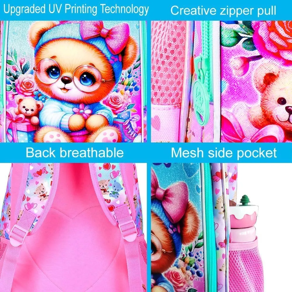 UFNDC 3PCS Girls Backpack, 16" Kids Bookbag with Lunch Box, Water Resistant School Bag for Elementary Preschool Toddler