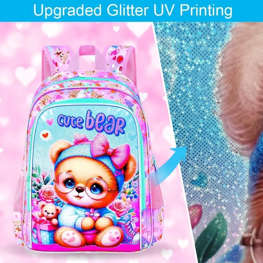 UFNDC 3PCS Girls Backpack, 16" Kids Bookbag with Lunch Box, Water Resistant School Bag for Elementary Preschool Toddler