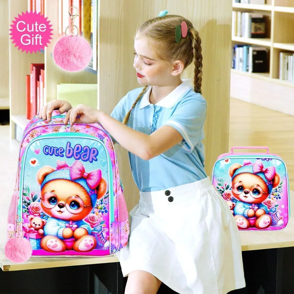 UFNDC 3PCS Girls Backpack, 16" Kids Bookbag with Lunch Box, Water Resistant School Bag for Elementary Preschool Toddler