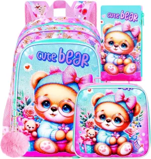 UFNDC 3PCS Girls Backpack, 16" Kids Bookbag with Lunch Box, Water Resistant School Bag for Elementary Preschool Toddler