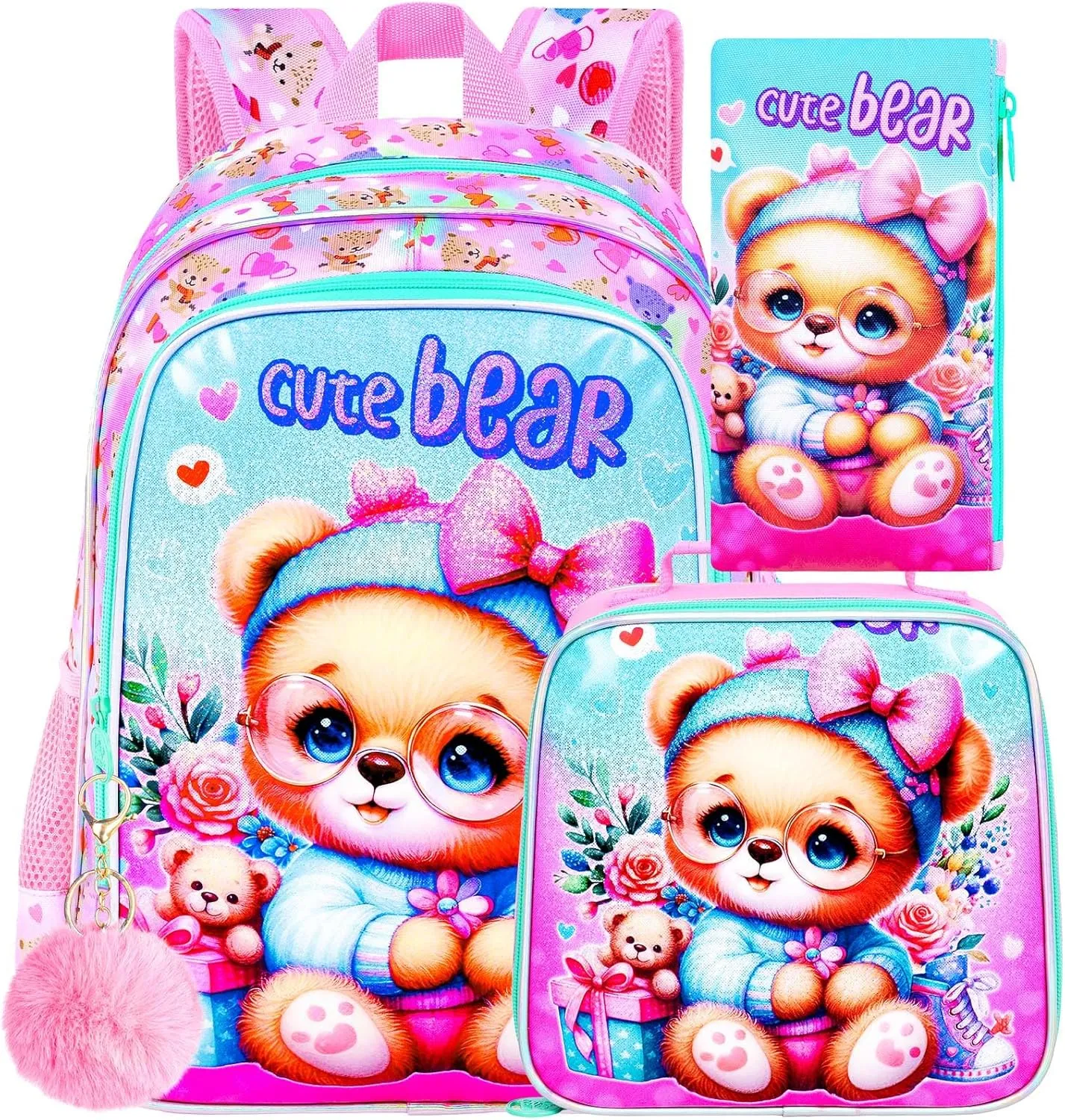 UFNDC 3PCS Girls Backpack, 16" Kids Bookbag with Lunch Box, Water Resistant School Bag for Elementary Preschool Toddler
